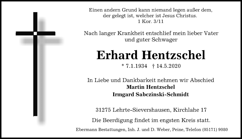  Traueranzeige für Erhard Hentzschel vom 19.05.2020 aus Hannoversche Allgemeine Zeitung/Neue Presse