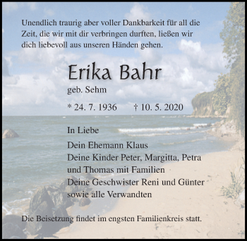 Traueranzeige von Erika Bahr von Ostsee-Zeitung GmbH