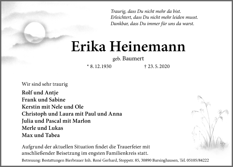  Traueranzeige für Erika Heinemann vom 27.05.2020 aus Hannoversche Allgemeine Zeitung/Neue Presse