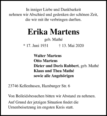 Traueranzeige von Erika Martens von Lübecker Nachrichten
