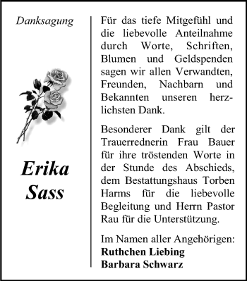 Traueranzeige von Erika Sass von Ostsee-Zeitung GmbH