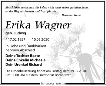 Traueranzeige von Erika Wagner von Leipziger Volkszeitung