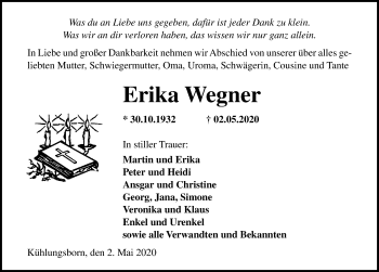 Traueranzeige von Erika Wegner von Ostsee-Zeitung GmbH