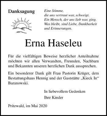 Traueranzeige von Erna Haseleu von Ostsee-Zeitung GmbH