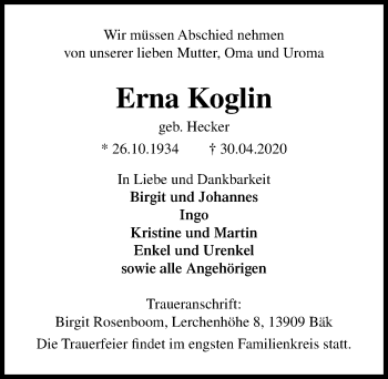 Traueranzeige von Erna Koglin von Lübecker Nachrichten