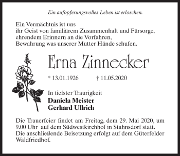 Traueranzeige von Erna Zinnecker von Märkischen Allgemeine Zeitung