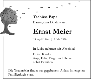 Traueranzeige von Ernst Meier von Lübecker Nachrichten
