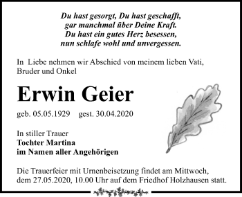 Traueranzeige von Erwin Geier von Leipziger Volkszeitung