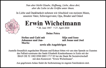 Traueranzeige von Erwin Wichelmann von Kieler Nachrichten