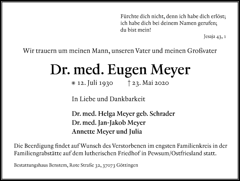  Traueranzeige für EugenMeyer Meyer vom 30.05.2020 aus Göttinger Tageblatt