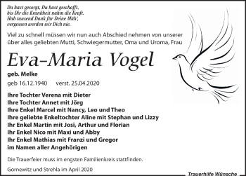 Traueranzeige von Eva-Maria Vogel von Leipziger Volkszeitung