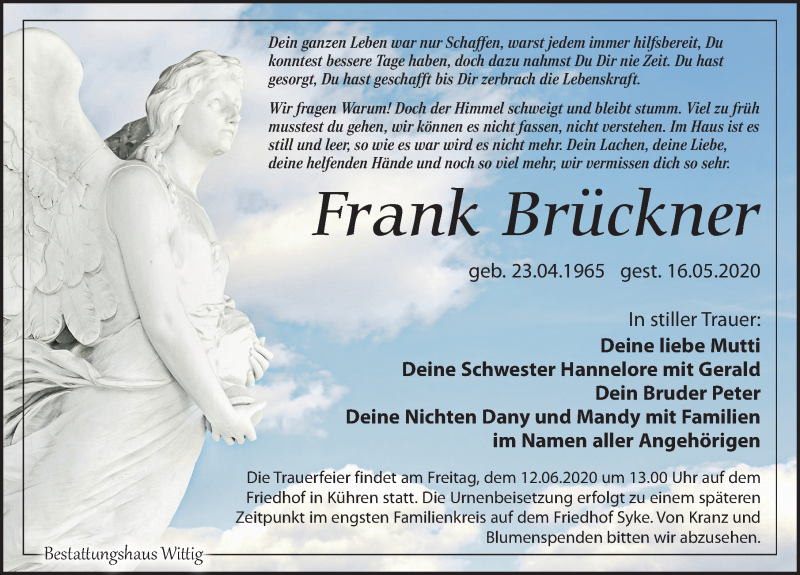  Traueranzeige für Frank Brückner vom 30.05.2020 aus Leipziger Volkszeitung