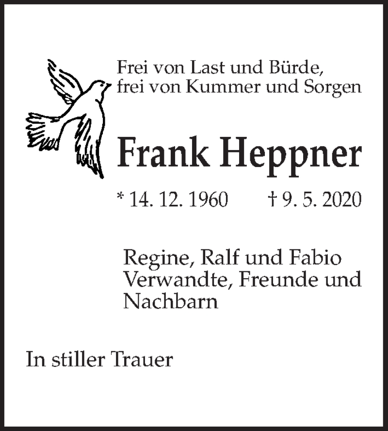  Traueranzeige für Frank Heppner vom 23.05.2020 aus Hannoversche Allgemeine Zeitung/Neue Presse