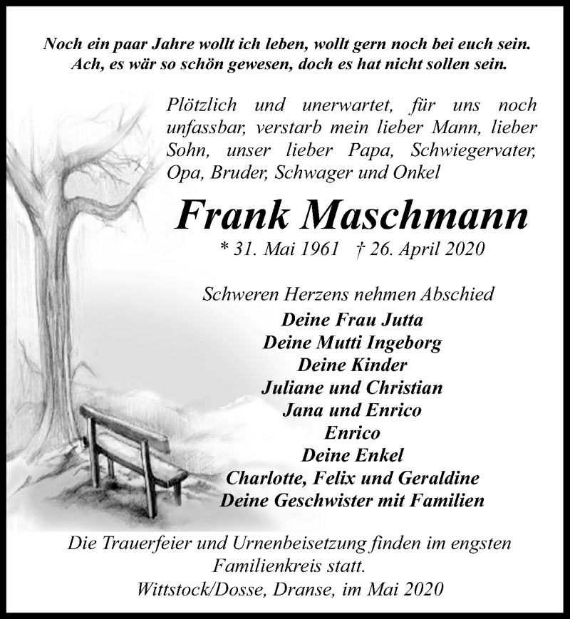  Traueranzeige für Frank Maschmann vom 05.05.2020 aus Märkischen Allgemeine Zeitung