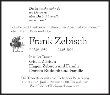 Traueranzeige von Frank Zebisch von Märkischen Allgemeine Zeitung
