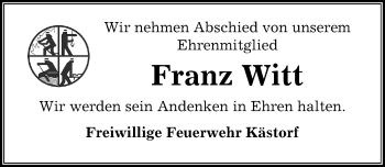 Traueranzeige von Franz Witt von Aller Zeitung