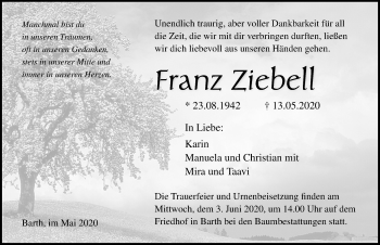 Traueranzeige von Franz Ziebell von Ostsee-Zeitung GmbH