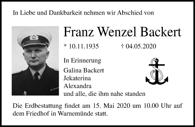  Traueranzeige für Franz Wenzel Backert vom 09.05.2020 aus Ostsee-Zeitung GmbH