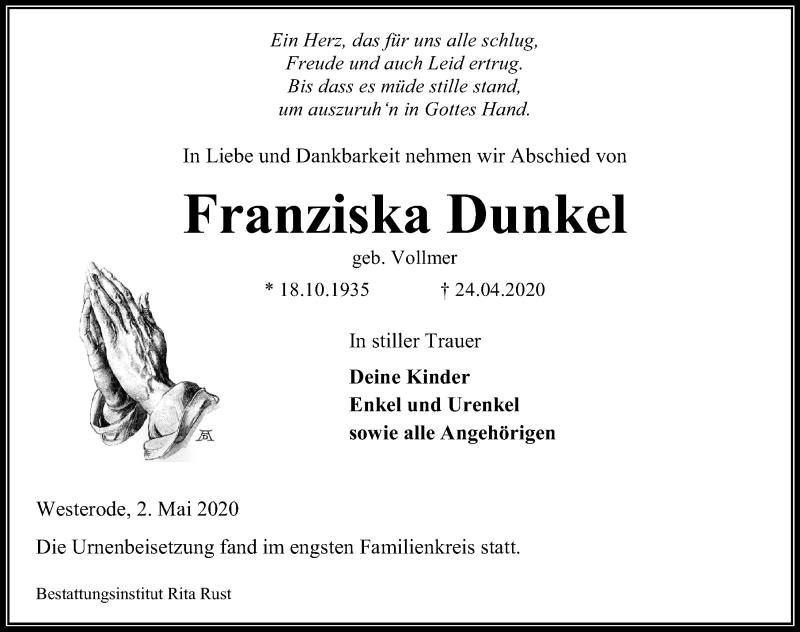 Traueranzeige für Franziska Dunkel vom 02.05.2020 aus Eichsfelder Tageblatt