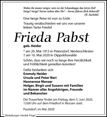 Traueranzeige von Frieda Pabst von Leipziger Volkszeitung