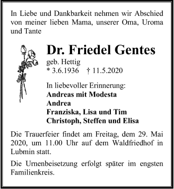 Traueranzeige von Friedel Gentes von Ostsee-Zeitung GmbH