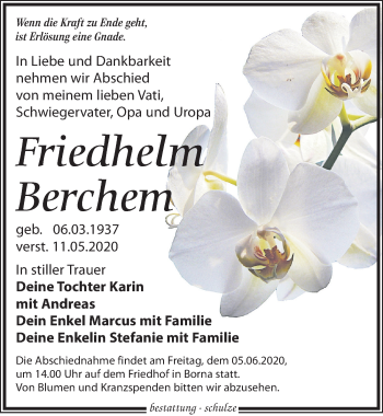 Traueranzeige von Friedhelm Berchem von Leipziger Volkszeitung