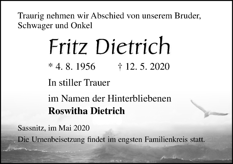  Traueranzeige für Fritz Dietrich vom 16.05.2020 aus Ostsee-Zeitung GmbH