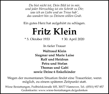 Traueranzeige von Fritz Klein von Hannoversche Allgemeine Zeitung/Neue Presse