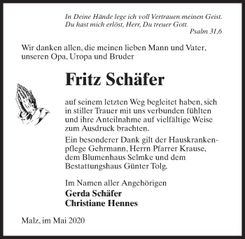 Traueranzeige von Fritz Schäfer von Märkischen Allgemeine Zeitung