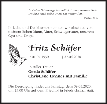 Traueranzeige von Fritz Schäfer von Märkischen Allgemeine Zeitung