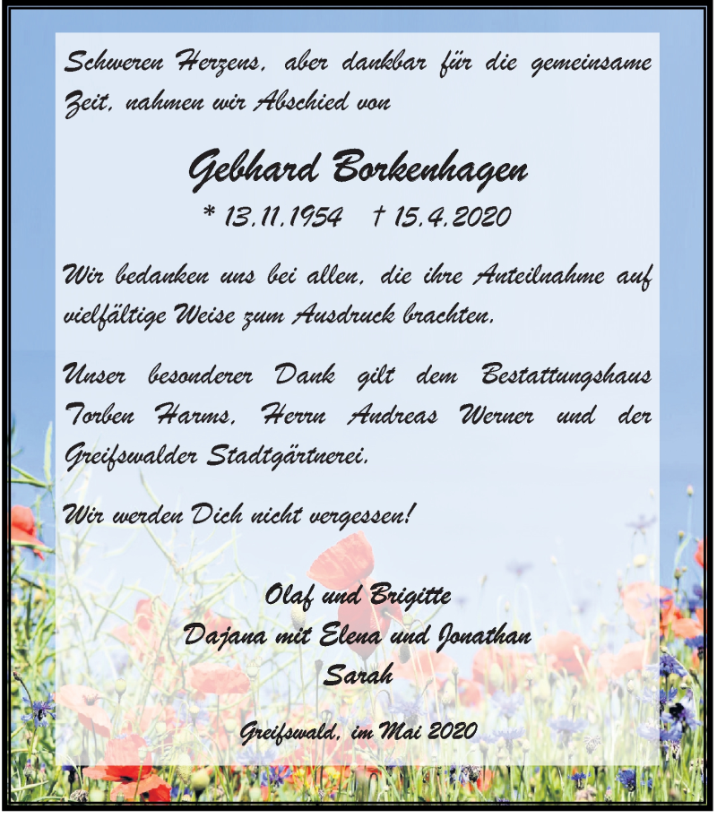  Traueranzeige für Gebhard Borkenhagen vom 09.05.2020 aus Ostsee-Zeitung GmbH