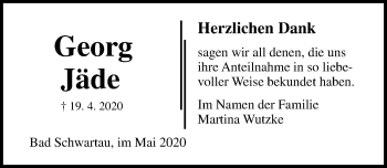 Traueranzeige von Georg Jäde von Lübecker Nachrichten