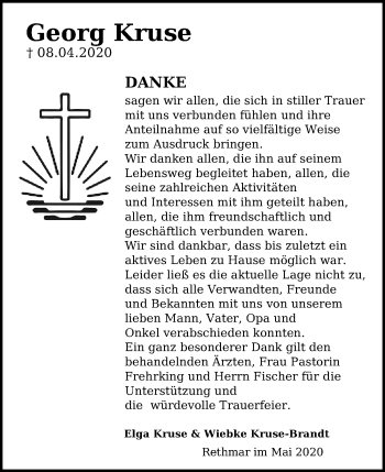 Traueranzeige von Georg Kruse von Hannoversche Allgemeine Zeitung/Neue Presse