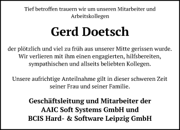 Traueranzeige von Gerd Doetsch von Leipziger Volkszeitung