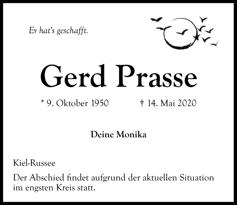  Traueranzeige für Gerd Prasse vom 16.05.2020 aus Kieler Nachrichten