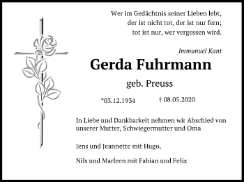Traueranzeige von Gerda Fuhrmann von Hannoversche Allgemeine Zeitung/Neue Presse