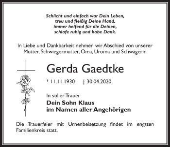 Traueranzeige von Gerda Gaedtke von Märkischen Allgemeine Zeitung