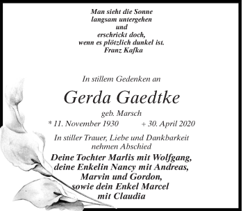 Traueranzeige von Gerda Gaedtke von Märkischen Allgemeine Zeitung