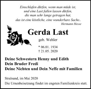 Traueranzeige von Gerda Last von Ostsee-Zeitung GmbH