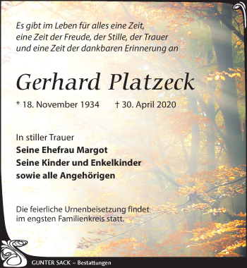 Traueranzeige von Gerhard Platzeck von Leipziger Volkszeitung