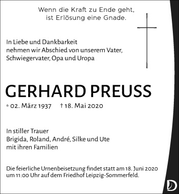 Traueranzeige von Gerhard Preuss von Leipziger Volkszeitung