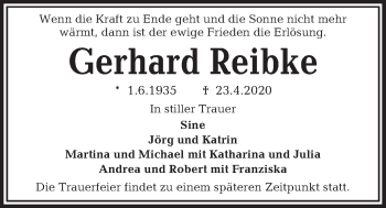 Traueranzeige von Gerhard Reibke von Kieler Nachrichten