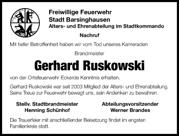 Traueranzeige von Gerhard Ruskowski von Hannoversche Allgemeine Zeitung/Neue Presse