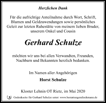 Traueranzeige von Gerhard Schulze von Märkischen Allgemeine Zeitung