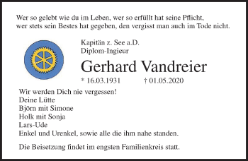 Traueranzeige von Gerhard Vandreier von Ostsee-Zeitung GmbH