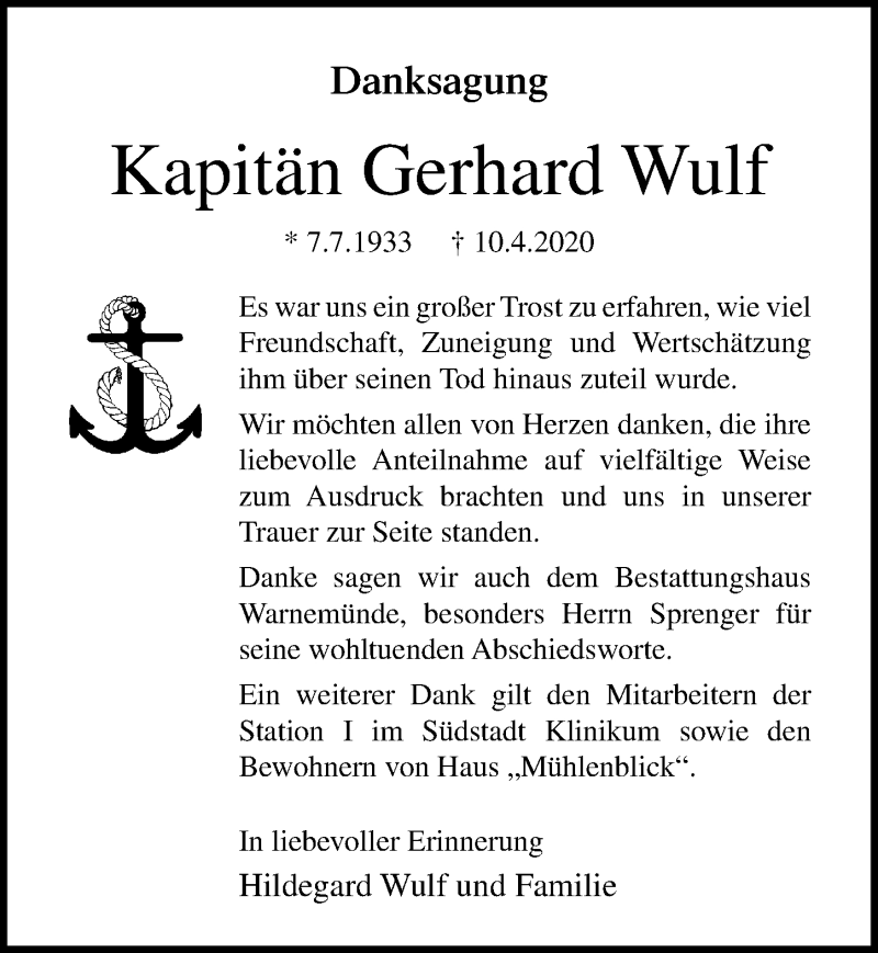 Traueranzeige für Gerhard Wulf vom 16.05.2020 aus Ostsee-Zeitung GmbH