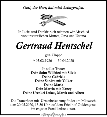 Traueranzeige von Gertraud Hentschel von Leipziger Volkszeitung