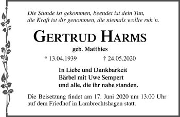 Traueranzeige von Gertrud Harms von Ostsee-Zeitung GmbH