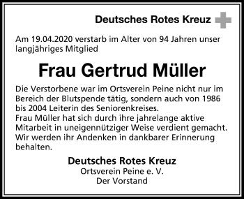 Traueranzeige von Gertrud Müller von Peiner Allgemeine Zeitung