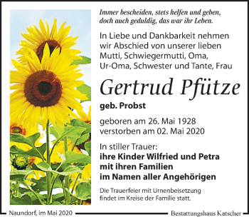 Traueranzeige von Gertrud Pfütze von Leipziger Volkszeitung